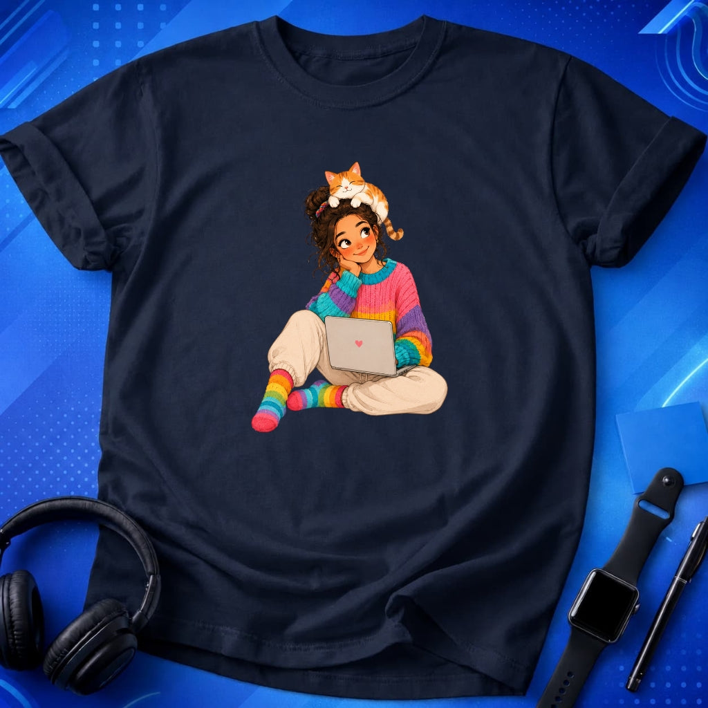 Vibrant Woman With Cat T-Shirt