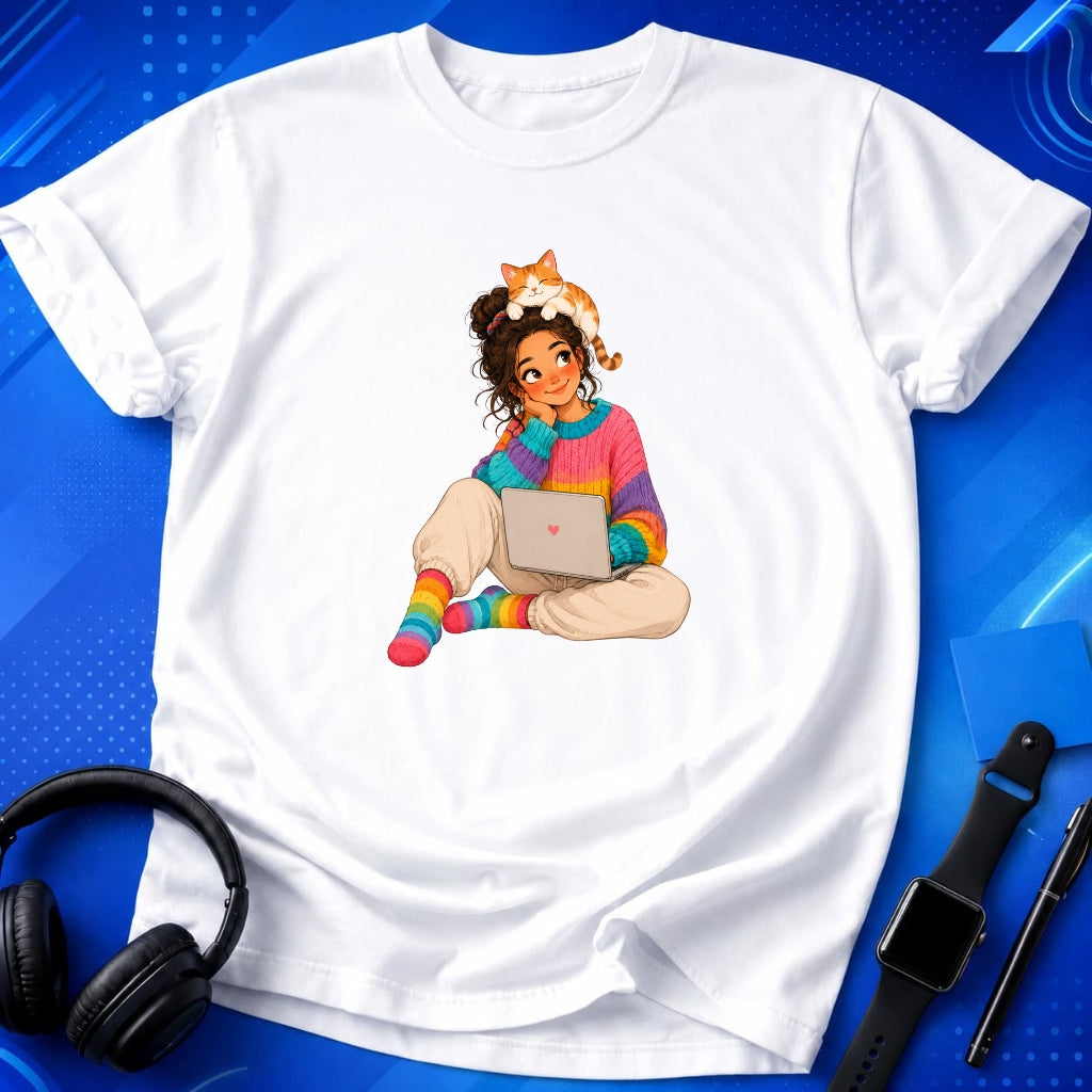 Vibrant Woman With Cat T-Shirt