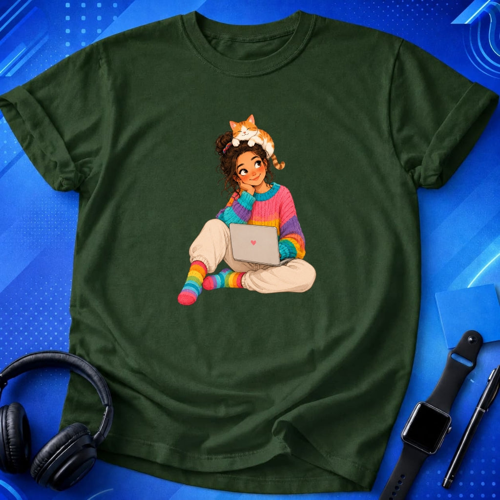 Vibrant Woman With Cat T-Shirt